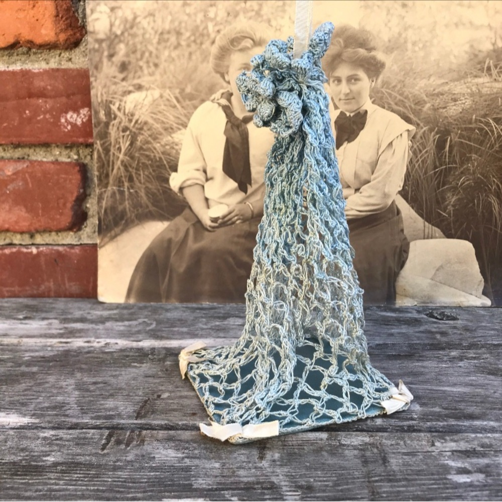 Vintage Antique Edwardian Blue Crocheted Petite Drawstring Bag With Bows